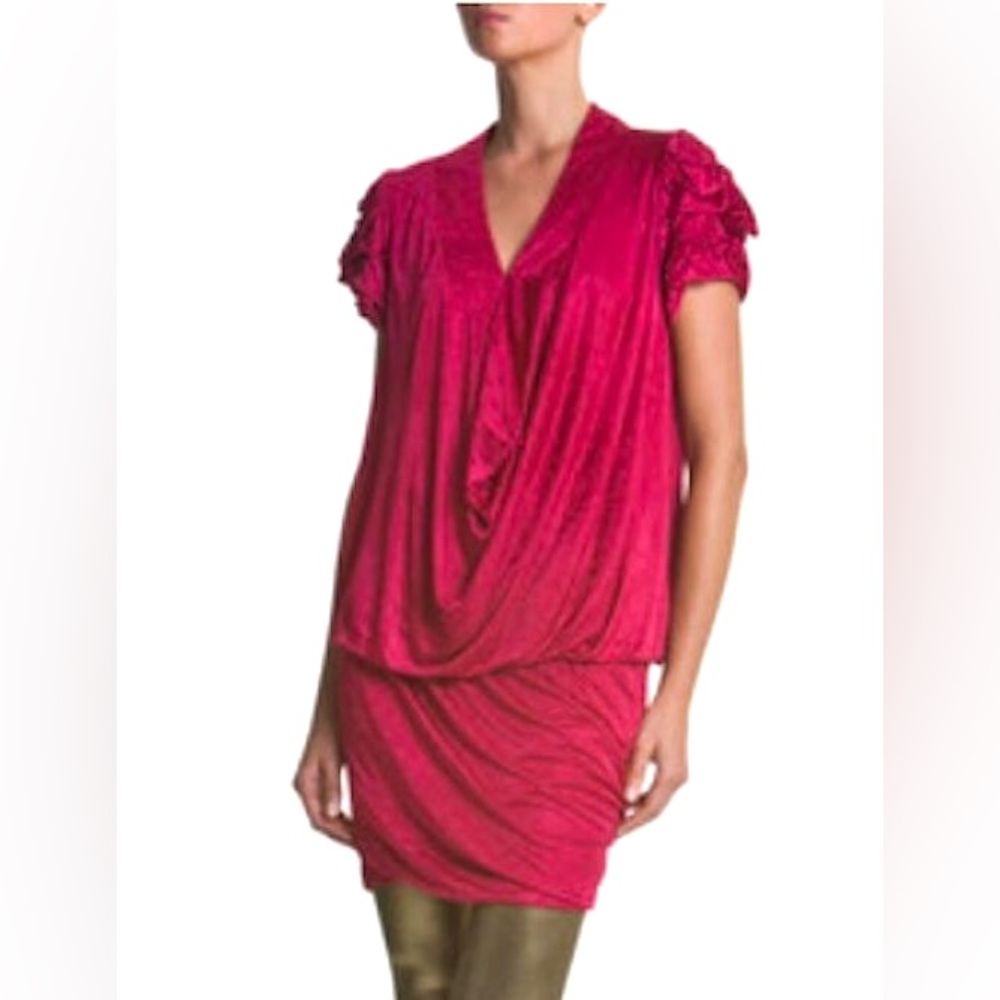 BCBGMAXAZRIA Runway Pink Berry Darted-Sleeve Dress – Size S